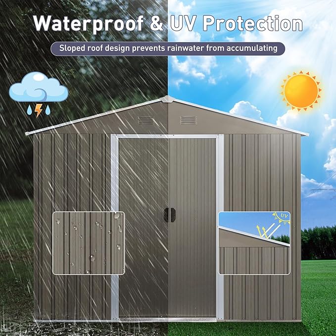8x6 ft Outdoor Metal Storage Shed with Floor Foundation and Window, Lockable Galvanized Steel Tool Shed with Sliding Door and Air Vent, Waterproof Garden Storage House for Backyard, Patio