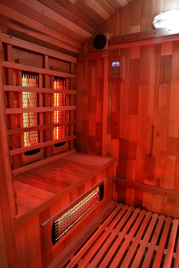 Outdoor Far Infrared Sauna 6 Person, Canadian Red Cedar Barrel Sauna, Extra Large Space with Porch, 220V, 3500 W, 10 Heating Element, Oxygen Bar, USB Radio, Lamps(0-140℉)