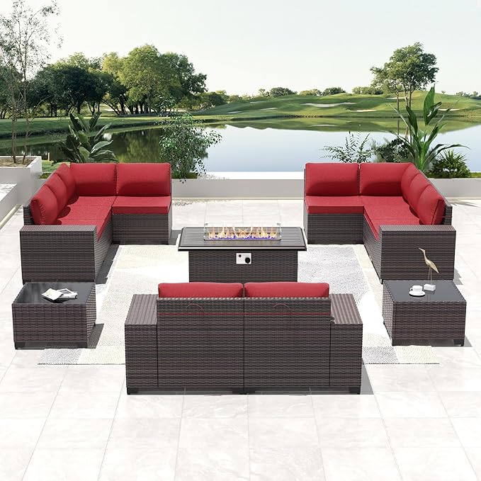 Outdoor Patio Furniture Set with Propane Fire Pit Table, 13 Pieces Outdoor Furniture Patio Sectional Sofa Conversation Sets w/ETL Approved 43" Gas Outdoor Fire Table & Coffee Table Red.
