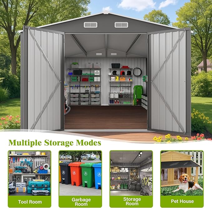 10x14 FT Large Outdoor Storage Shed,Durable Metal Garden Shed with Three Lockable Doors and Two Windows,Waterproof Tool Shed for Backyard Patio,All-Weather Shelter for Bike,Lawn Mowers,Grey