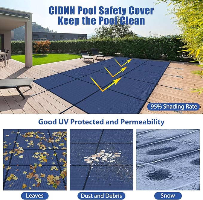 Inground Pool Cover Safety Fits Rectangle Swimming Pool, Mesh Solid Pool Cover for Inground Pools,Winter Pool Safety Cover Includes Safety Net and Installation Tools Blue (Blue, Fits 16x32ft Pools)
