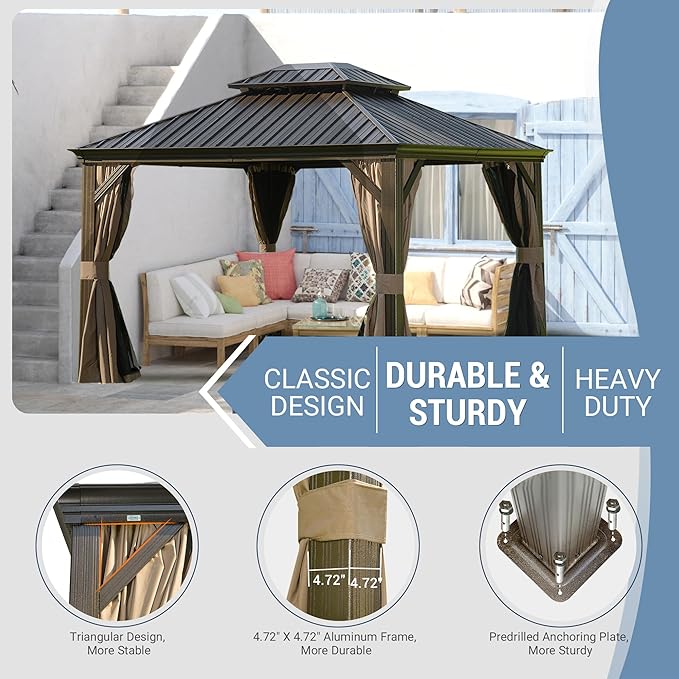 Domi 10' X 12' Hardtop Gazebo Permanent Outdoor Gazebo with Galvanized Steel Double Roof, Aluminum Frame, Curtains and Netting for Patio Lawn and Garden, Brown