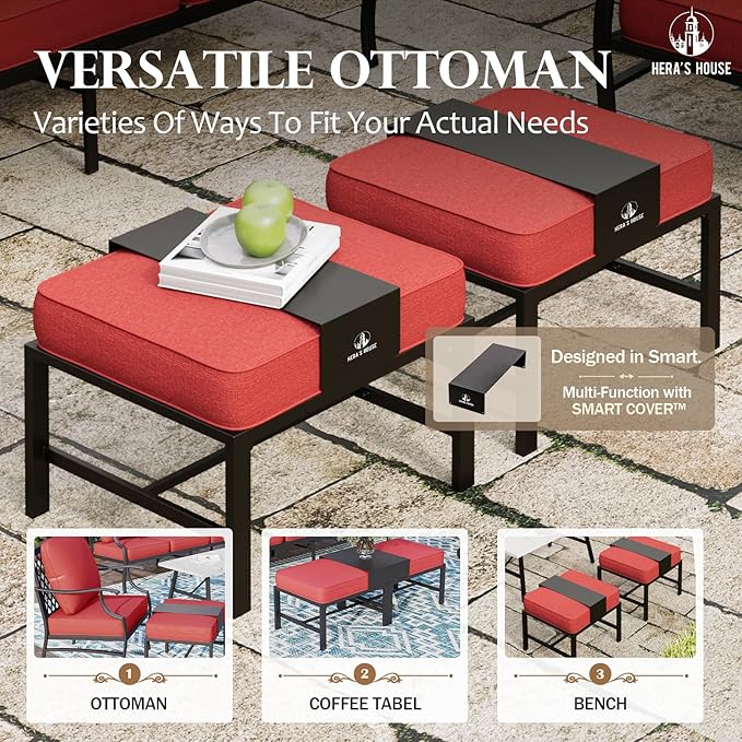 HERA'S HOUSE 5 Piece Patio Furniture Set, 2 x Leg Chair, 2 x Ottoman, 1 x 3-Seat Sofa, All Cushioned 7 Seats Metal Outdoor Conversation Set for Lawn Garden Backyard
