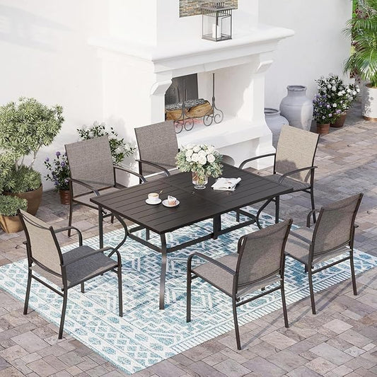 7 Piece Patio Dining Set for 6, Rectangular Metal Table with Umbrella Hole, 6 Brown Dining Chairs, Outdoor Table and Chairs Set for Lawn Backyard and Deck