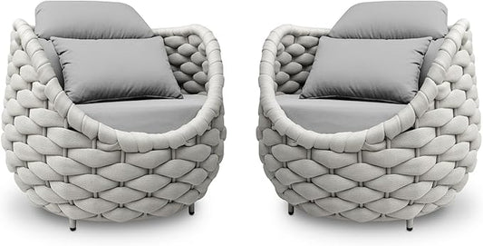 Patio Accent Chairs Set of 2: Aluminum Porch Lounge Chair with Arms - Woven Rope Cushioned Armchair - Modern One Seater Chair - Outdoor Deck Furniture for 400lbs Balcony Lanai Garden Hotel, Gray