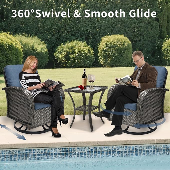 3 Pieces Patio Furniture Set, Outdoor Swivel Rocking Chair Set of 2 with Side Table - 360° Swivel, Thick Cushions, All-Weather Bistro Set for Deck, Porch, Pool(Navy, Grey Full-Weave Rattan)