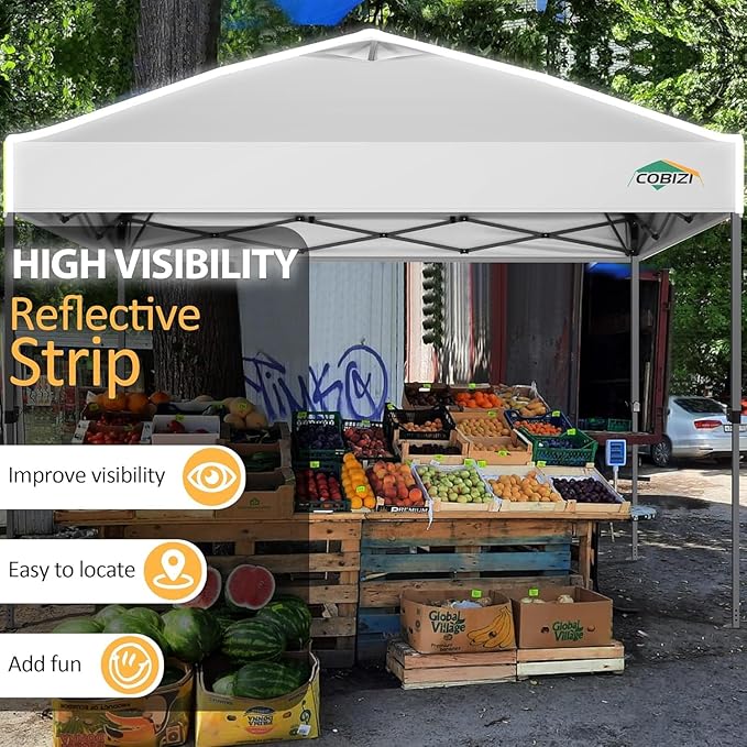COBIZI 10x10 Pop Up Canopy Tent 1-Button Push Easy up Outdoor Canopy Instant Portable Commercial Shelter Waterproof UPF50+ Gazebo with Reflective Strip, Air Vent & 4 Sandbags,White