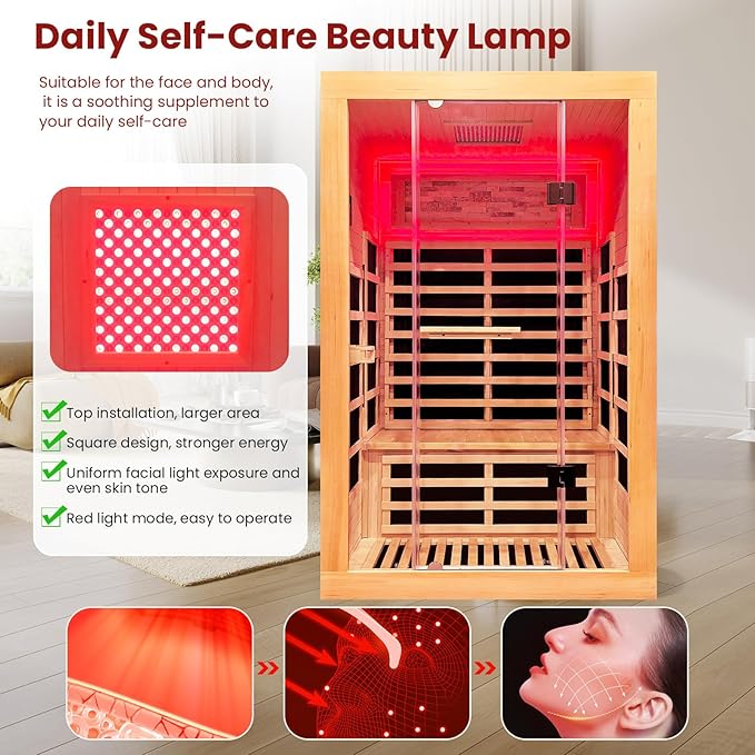 Infrared Sauna 2000W Wooden Saunas Home Spa Room Canadian Hemlock Wood Low-EMF Indoor Saunas with with Red Light Beauty Lamp for Two Person 74.8 * 47.2 * 41.3Inch