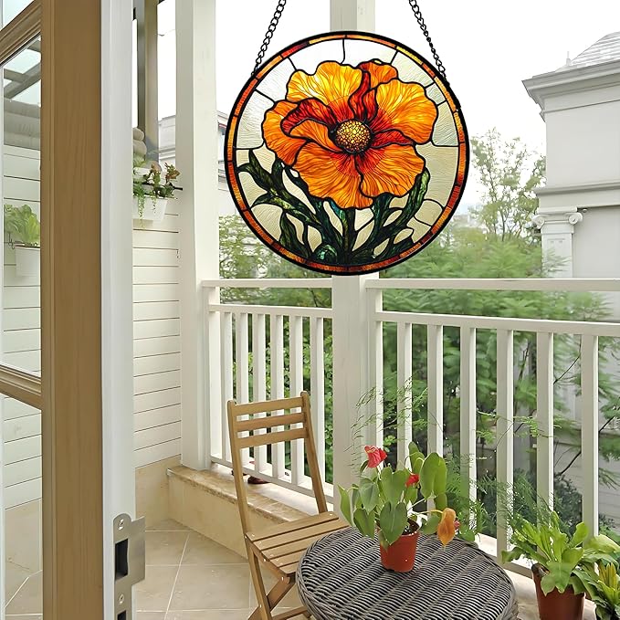 Stained Glass Window Hanging - Orange Poppy Birth Flower Suncatcher for Door Garden Yard Retro Sun Catchers Decor Christmas Mother's Day Birthday Gifts for Women Mom Nana Friend 9.8 in