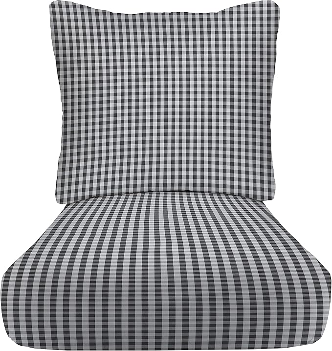 RSH DECOR: Deep Seating Cushion with Pillow Back | 23” x 26” Seat | All-Weather Spun Fabric | Water and Fade-Resistant | Outdoor Chair Cushion Set for Patio Furniture | Dawson Pewter Black Plaid