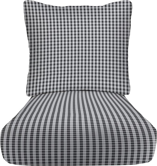 RSH DECOR: Deep Seating Cushion with Pillow Back | 23” x 26” Seat | All-Weather Spun Fabric | Water and Fade-Resistant | Outdoor Chair Cushion Set for Patio Furniture | Dawson Pewter Black Plaid