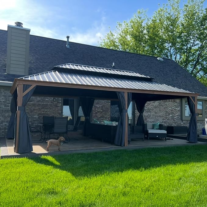 PURPLE LEAF 14' X 24' Outdoor Hardtop Gazebo for Patio Galvanized Steel Double Roof Permanent Canopy Teak Finish Coated Aluminum Frame Pavilion Gazebo with Netting