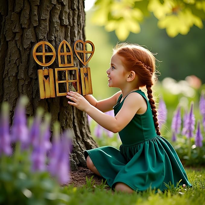 4 Pcs Wooden Fairy Garden Door and Windows Ornaments Tree Statues for Tree Trunk Yard Decoration Miniature Garden Buildings