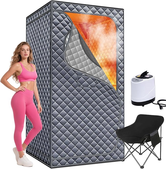 Sauna Box, Upgraded Large Size Portable Sauna for Home Spa with 3L 1300W Steamer, Big Folding Chair, 9 Levels Heat, Timer, Remote Control - Personal Full Body Steam Saunas Room Tent 3' x3' x5.9' Grey