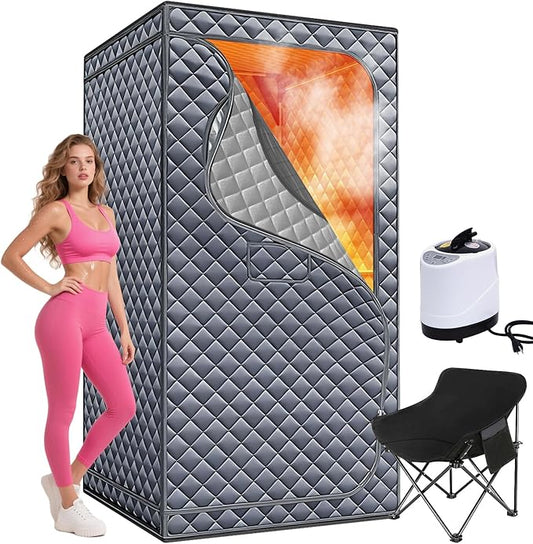 Sauna Box, Upgraded Large Size Portable Sauna for Home Spa with 3L 1300W Steamer, Big Folding Chair, 9 Levels Heat, Timer, Remote Control - Personal Full Body Steam Saunas Room Tent 3' x3' x5.9' Grey