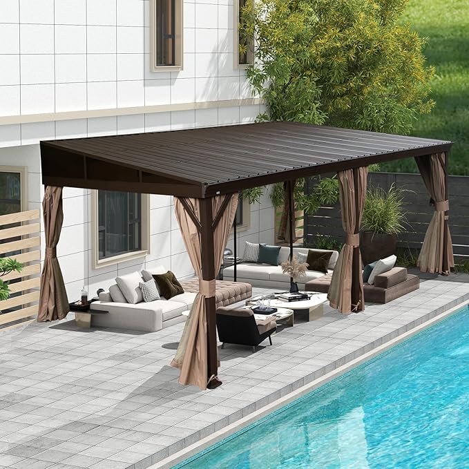 12’ x 20’ Lean to Gazebo, Outdoor Wall Mounted Gazebo Aluminum Frame, Hardtop Pergola with Galvanized Steel Sloping Roof for Patio Deck Garden Backyard, Curtain and Netting Included