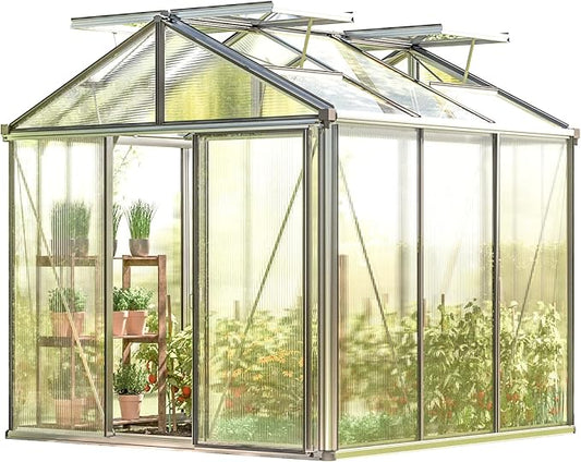 Greenhouse Diamas 21 Premium 7.7 x 7.7 ft with Approx. 16 mm Polycarbonate Panels, Natural Aluminum Color