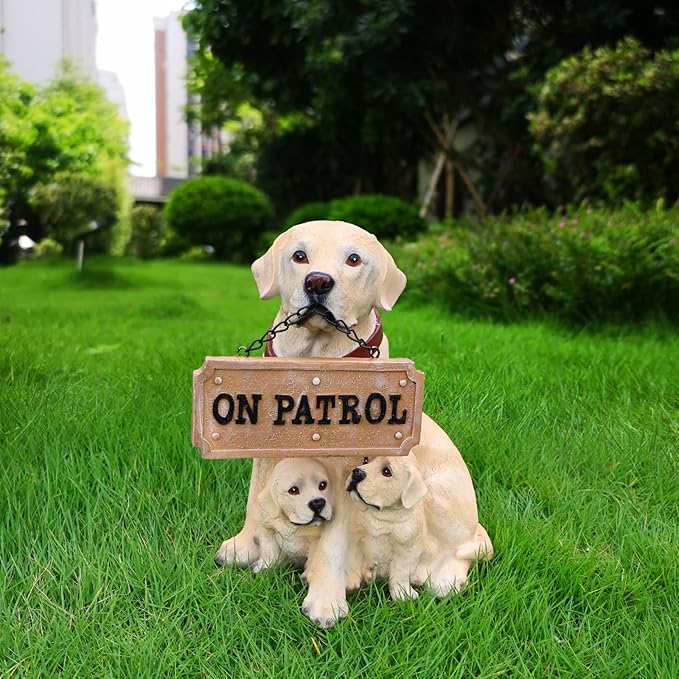 Labrador Retriever Outdoor Dog Family Statue with Reversible “Welcome/ON Patrol” Hanging Plaque and Solar Lantern, Yellow Mom with Two Puppies, Sitting Yard Greeter