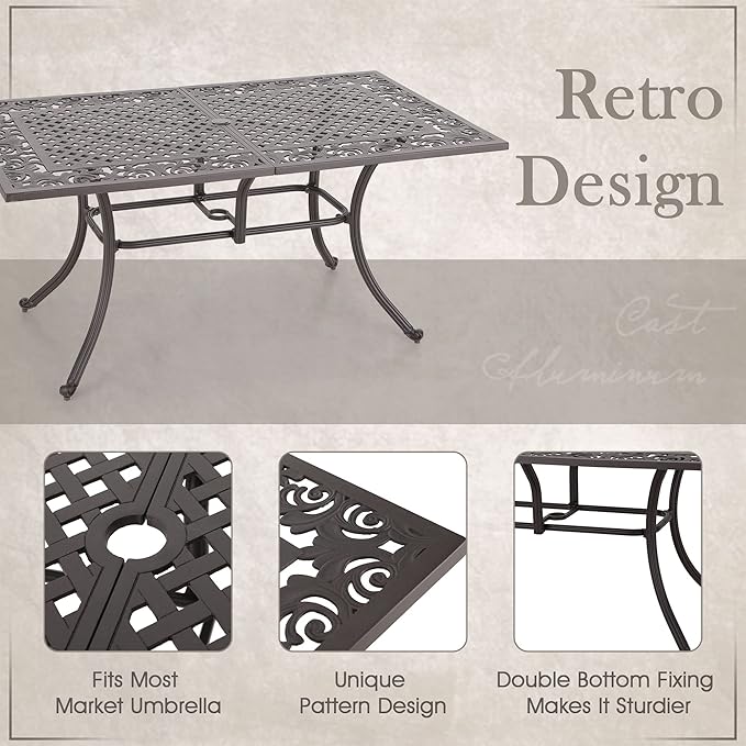 MFSTUDIO Cast Aluminum Patio Dining Set, Retro Design Outdoor Table and Chairs Set with 6×Extra Wide Dining Chair and 1×63" Rectangular Patio Table, Outdoor Dining Set of 6