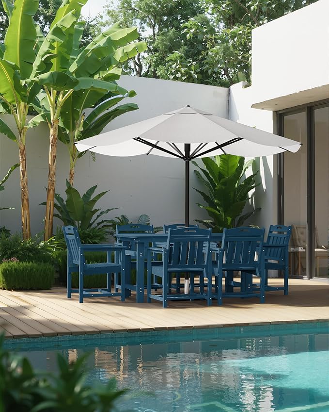 HDPE Outdoor Patio Dining Set with Table & 6 Chairs, All-Weather 7-Piece Outdoor Table and Chairs, 2" Umbrella Hole, Patio Furniture for Garden, Backyard, Deck | Navy Blue