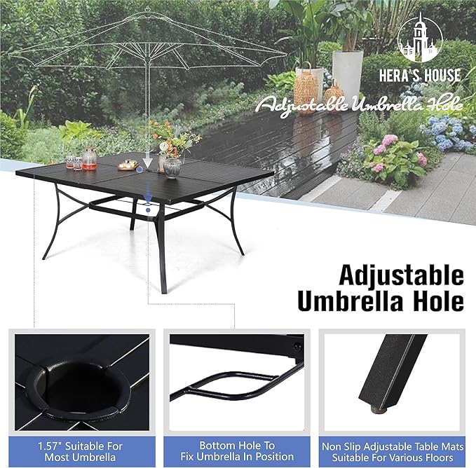 HERA'S HOUSE Square Outdoor Dining Set for 8, 9 Pieces Patio Table and Chairs Set, All Weather Black Metal Table with 8 Dining Chairs for Backyard Garden Lawn Deck Porch