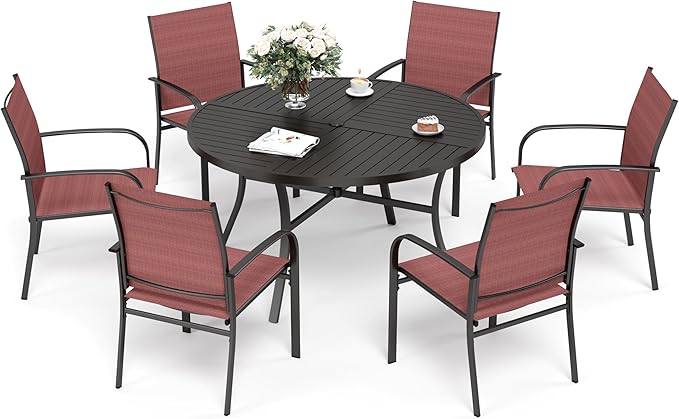 7 Piece Outdoor Dining Set for 6, 54" Round Metal Table with Umbrella Hole, 6 Red Dining Chairs, Patio Table and Chairs Set for Backyard Lawn