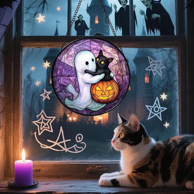 Stained Glass Window Hanging - Halloween Decorations Ghost Black Cat Pumpkin Suncatcher for Door Garden Spooky Purple Sun Catchers Gothic Decor Horror Gifts for Women Men Friend Boy 9.8 in