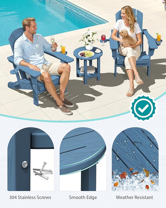 SERWALL Round Outdoor Side Table Set of 4, HDPE Small Adirondack Double End Table, Navy