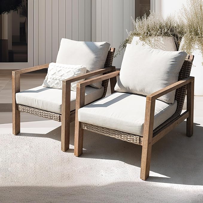 IDZO Olivier Premium Eucalyptus Outdoor Club Chairs Set of 2, 400lbs Heavy Duty Patio Furniture Set, Ergonomic Slanted Backrest Design, 4.5in Thick Cushion, Wood Wicker Silver Gray