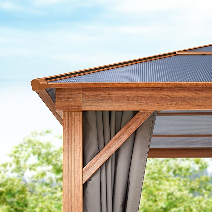 TOOLPORT Hardtop Gazebo 10x13 ft with Polycarbonate Roof - Wood-Like Finish - 4 Side Panels in Gray
