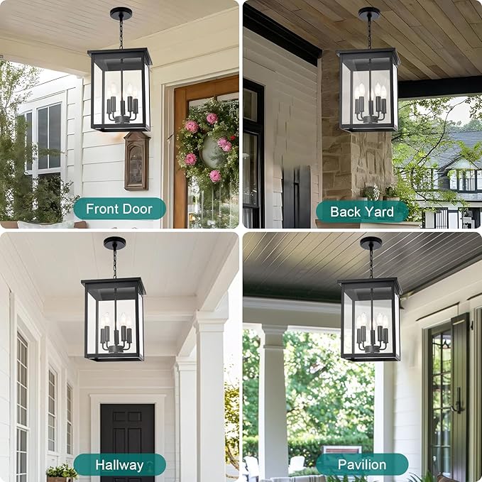 5 Lights Outdoor Pendant Light, Black Outside Chandelier, Exterior Hanging Fixture, Ceiling Mount with Clear Glass Shade Hanging Lantern Light Adjustable Pendant Light for Outdoor Hallway