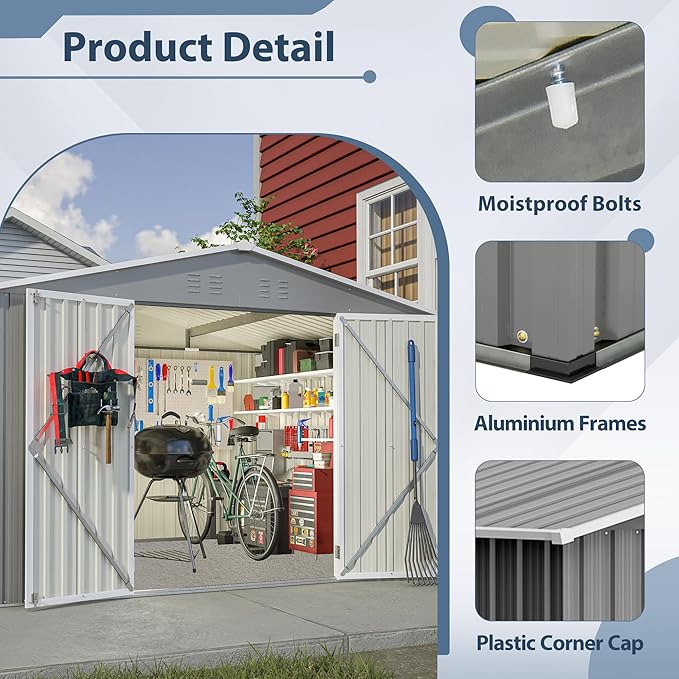 10X8 FT Outdoor Storage Shed W/Lockable Doors,Metal Shed W/Sloped Roof & Air Vents,All Weather Garden Tool House for Backyard Patio Lawn,Gray