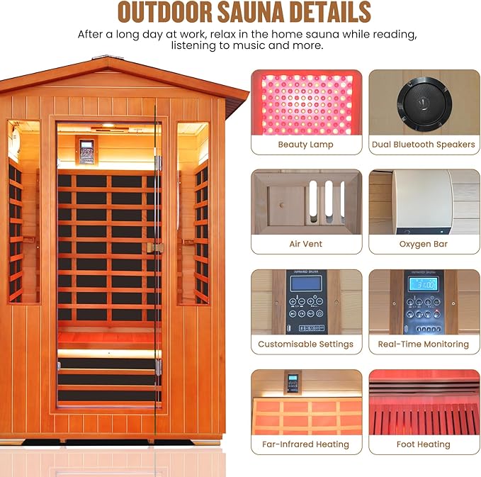 Outdoor Sauna 2 Person Sauna Infrared Saunas Dry Sauna Room Red Cedar and Canadian Fir Wood Wooden Sauna Spa 2080W Red Light Lamp 48.8 * 38.19 * 81.89inch