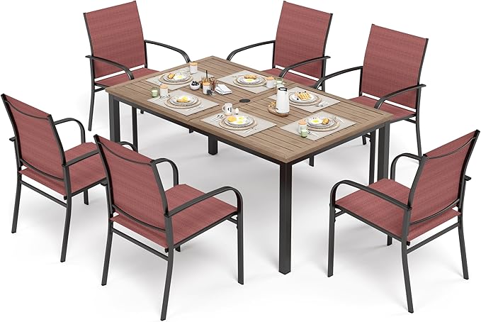 7 Piece Outdoor Dining Set, Rectangular Wood-Like Table with Umbrella Hole, Patio Dining Set for Outdoor Kitchen Lawn Garden, Backyard, Deck