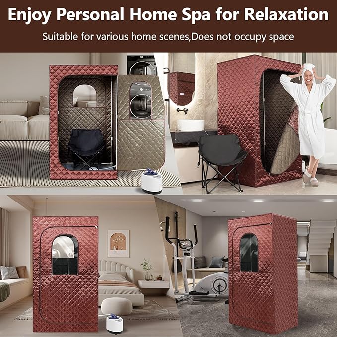 Portable Steam Sauna for Home Spa, Full Size Personal Sauna for Relaxation at Home, Sauna Tent Sauna Box with 3L Steamer, Remote Control, Large Size Folding Chair (Brown)