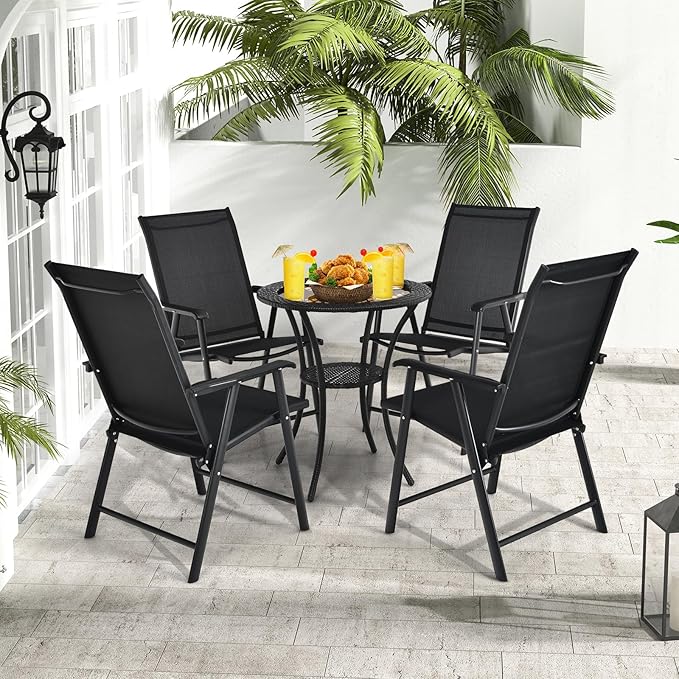 S AFSTAR Folding Patio Chairs Set of 6, Metal Textilene Patio Dining Chairs with Armrests, 6 Pack Portable Sling Chairs Outdoor Lawn Chair for Garden Backyard Porch Deck, 330LBS Load (Black)