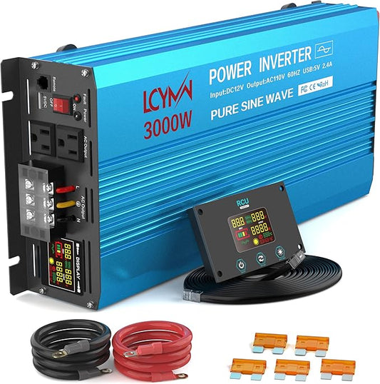 3000 Watt Inverter Pure Sine Wave DC 12V to 110V AC Power Inverters with 3 AC Charger Outlets, Car Inverter Solar Power Inverters for Vehicles Home with LCD Display and 2.4A USB Charging Ports