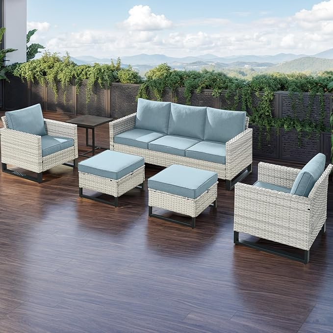 Wicker Outdoor Patio Furniture Set - 5 Piece Patio Conversation Set with 2 Wicker Armrest Chairs,2 Rattan Ottoman and 1 Metal Side Table for Outside Porch Deck Backyard Garden(Light Grey/Sky Blue)
