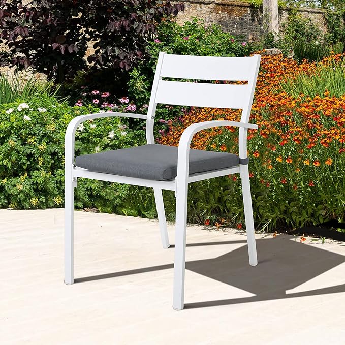 Soleil Jardin Outdoor Aluminum 4-Piece Patio Dining Chairs with Cushions, Stackable Bistro Chairs for Balcony, Garden, Backyard, White Finish & Grey Cushion