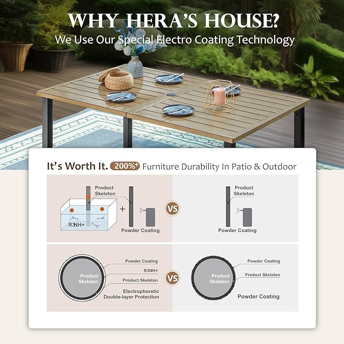 HERA'S HOUSE 7 Pieces Patio Dining Set, 6 x Outdoor Rattan Armchair with Beige Removable Cushions,1 x Rectangular Metal Dining Table with Wood-Look Finish for Patio, Lawn, Garden, or Porch