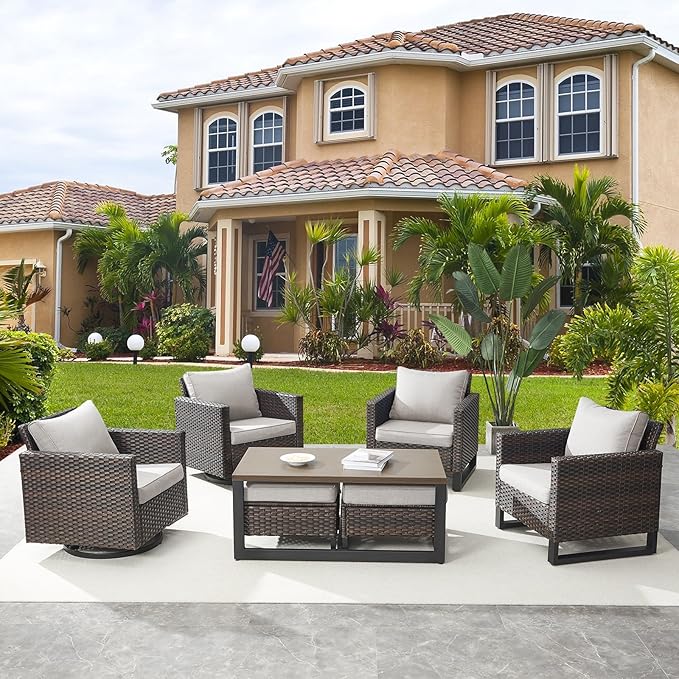 Wicker Patio Furniture Set：7 Piece Outdoor Patio Furniture Set with 2 Swivel Patio Chairs 2 Single Chairs a Coffee Table and 2 Ottomans, Brown Wicker/Beige Cushion