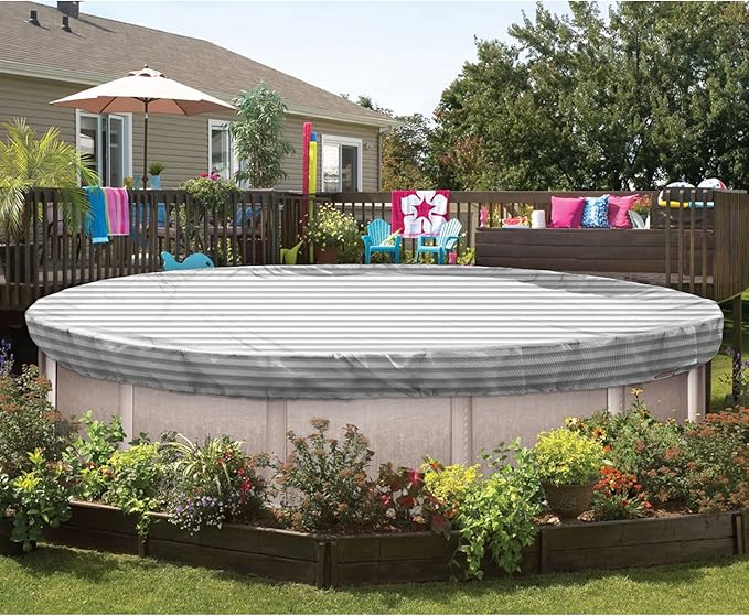 ECOOPTS 7 ft Round Pool Cover for Above Ground Pools, Swimming Pool Cover Protector Winter Safety Cover (Gray White Stripes)