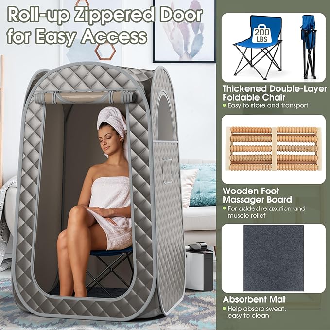 COSTWAY Portable Steam Sauna, Full-Body Personal Sauna Tent w/ 3L Steam Generator, Foldable Chair, Foot Massager, Timer, Remote Control, Indoor Pop-up Sauna Tent for Home Spa Relaxation (Gray)