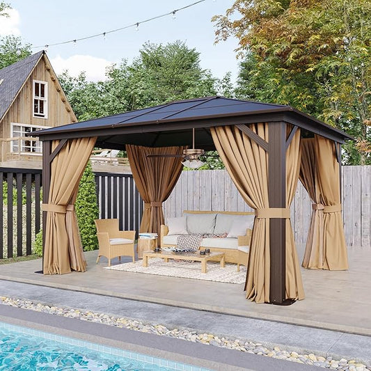 Aoxun 10' x 12' Gazebo Single Polycarbonate Top, Outdoor Aluminum Frame Permanent Gazebo with Curtains and Netting, for Patio, Party, Backyard, Garden and Lawn
