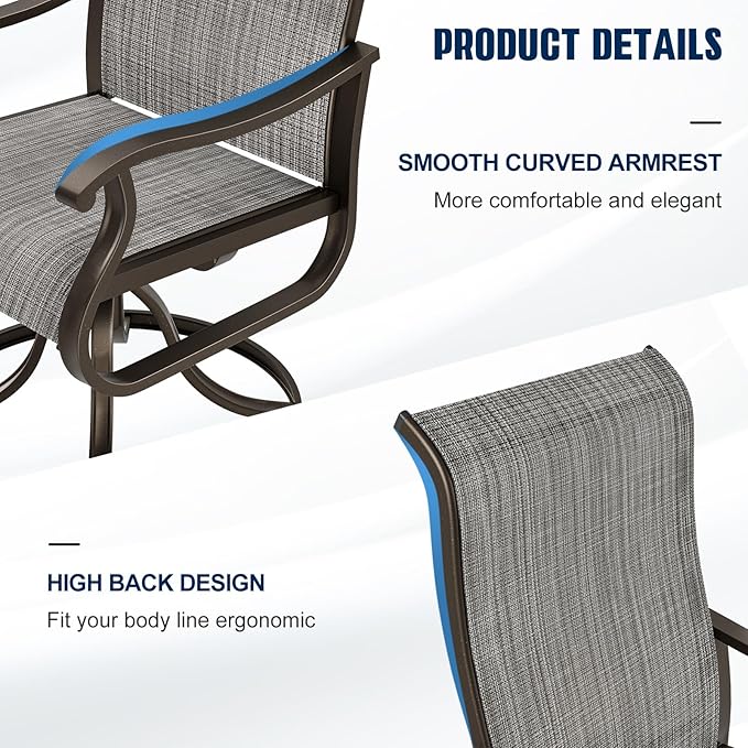 UDPATIO Patio Swivel Dining Chairs Set of 6, Outdoor Dining Chairs High Back with All Weather Breathable Textilene, Metal Rocking Frame for Lawn Garden Backyard, Gray White