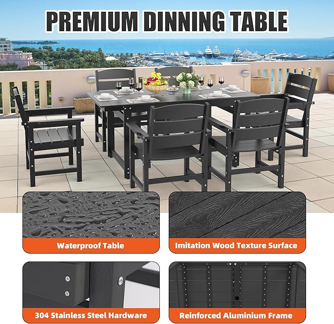 7-Piece HIPS Patio Dining Set, Outdoor Dining Table and Chairs Set with Umbrella Hole, Weatherproof Dining Table Set for 6 Person, Patio Furniture Set for Outside Deck, Black