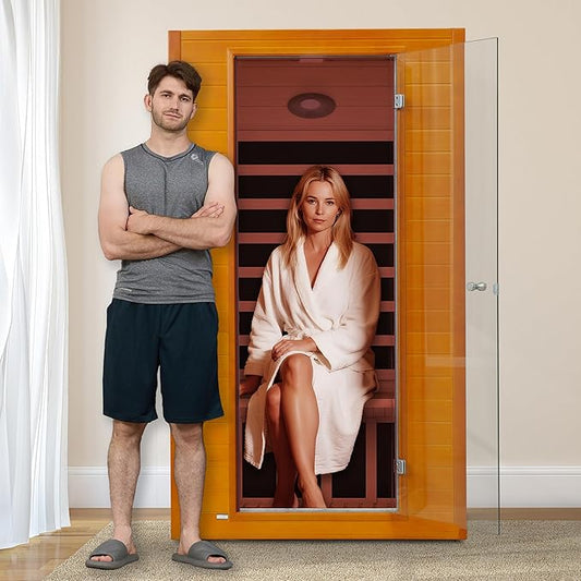 Real Relax Home Infrared Sauna, 1-2 Person Canadian Hemlock Wood Indoor Dry Saunas Room with Low Emf Red Light Therapy with Bluetooth Speakers, 9-Color Chromotherapy Lights