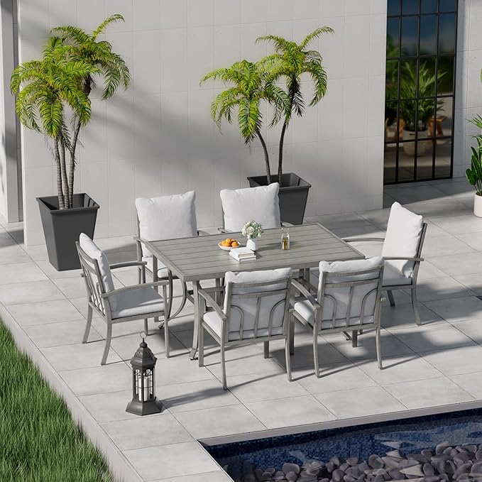 HAPPATIO 7-Piece Outdoor Dining Set - All Aluminum Patio Table and Chairs Set for 6 Includes 1 Rectangular Dining Table and 6 Dining Chairs with Cushions, Patio Dining Set for Lawn, Garden, Backyard