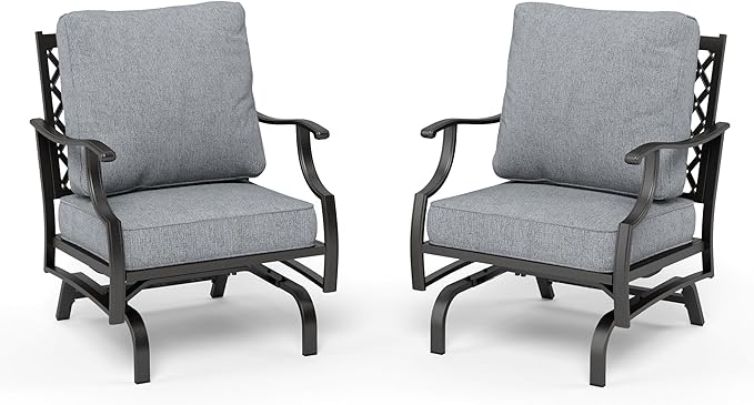 HERA'S HOUSE Outdoor Chairs Set of 2, 2 x Patio Chair with Grey Cushions, All Weather Outdoor Furniture for Lawn Garden Backyard Deck(Rocking Chairs)