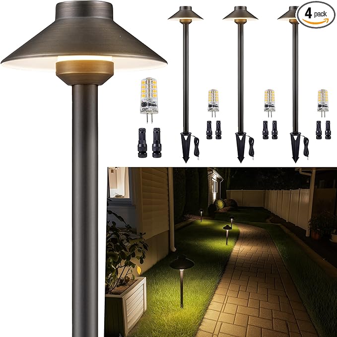 Gardenreet Low Voltage Landscape Lighting Brass - 12v Pathway Lights Waterproof, Hard Wired Path Light Outdoor, Mushroom Bronze for Exterior Area Patio House with 3W 5000K Daylight G4 Bulb (4 Pack)